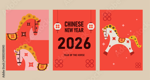 Chinese new year 2026 horse year of the horse. Red horse illustration and design. Red traditional Chinese vector designs with horse. 2026 Lunar new year concept, geometric modern vector design