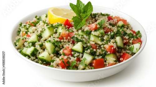 A colorful quinoa tabbouleh salad with diced cucumber, tomato, parsley