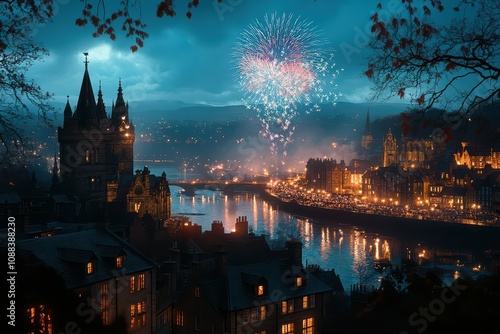 Fireworks Over a Historic City at Night.