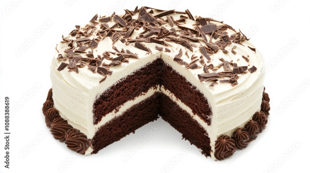 A decadent chocolate cake adorned with swirls of frosting and chocolate shavings, Each slice revealing its moist layers and rich cocoa flavor A decadent chocolate cake adorned with swirls of frosting and chocolate shavings, Each slice revealing its moist layers and rich cocoa flavor