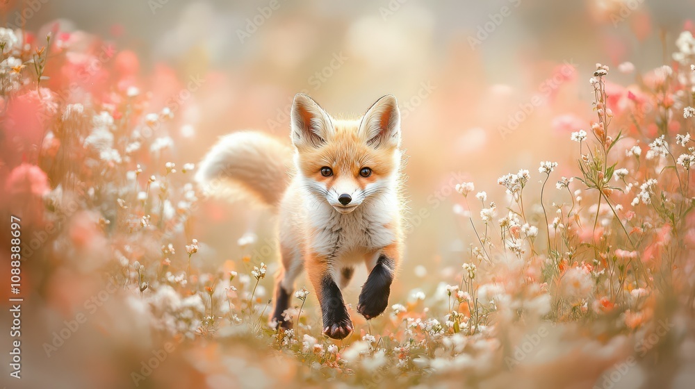 Obraz premium Red Fox Kit Running Through Flowers.