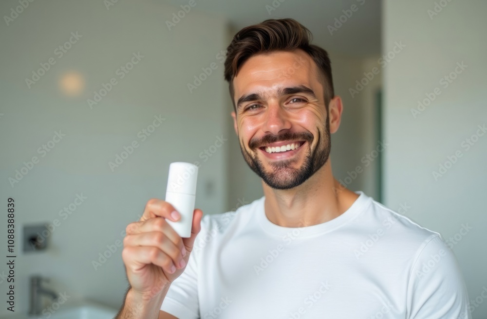 Smiling man with beard in white t-shirt holding white deodorant stick mockup and looking at camera, stay on bathroom. Copy space. Concept: advertising photo, skin care, eco cosmetic product Smiling man with beard in white t-shirt holding white deodorant stick mockup and looking at camera, stay on bathroom. Copy space. Concept: advertising photo, skin care, eco cosmetic product