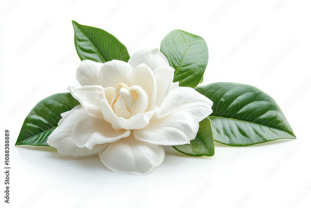 Fototapeta premium White Gardenia Flower with Green Leaves Isolated on White Background.