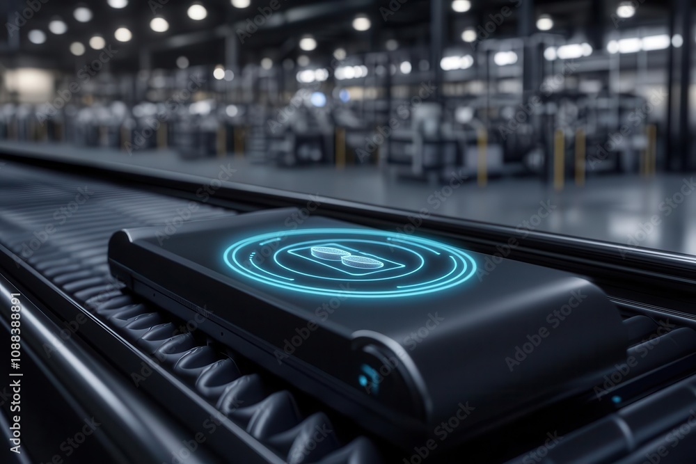 A sleek device rests on a conveyor belt in a modern industrial setting, illuminated with glowing technology, suggesting advanced manufacturing or automation. A sleek device rests on a conveyor belt in a modern industrial setting, illuminated with glowing technology, suggesting advanced manufacturing or automation.