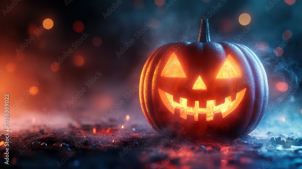 Glowing Jack-o'-lantern in Smoky Halloween Atmosphere. Glowing Jack-o'-lantern in Smoky Halloween Atmosphere.