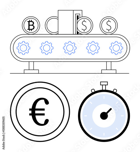 Cryptocurrency symbols on a conveyor belt with gears a Euro sign and a stopwatch. Ideal for finance, tech, blockchain, currency exchange, investments, automation, efficiency themes. Line metaphor