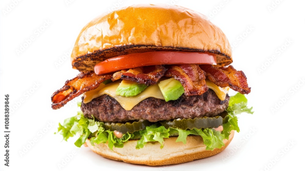 A deluxe bacon avocado cheeseburger with a juicy beef patty, crispy bacon strips, sliced avocado A deluxe bacon avocado cheeseburger with a juicy beef patty, crispy bacon strips, sliced avocado