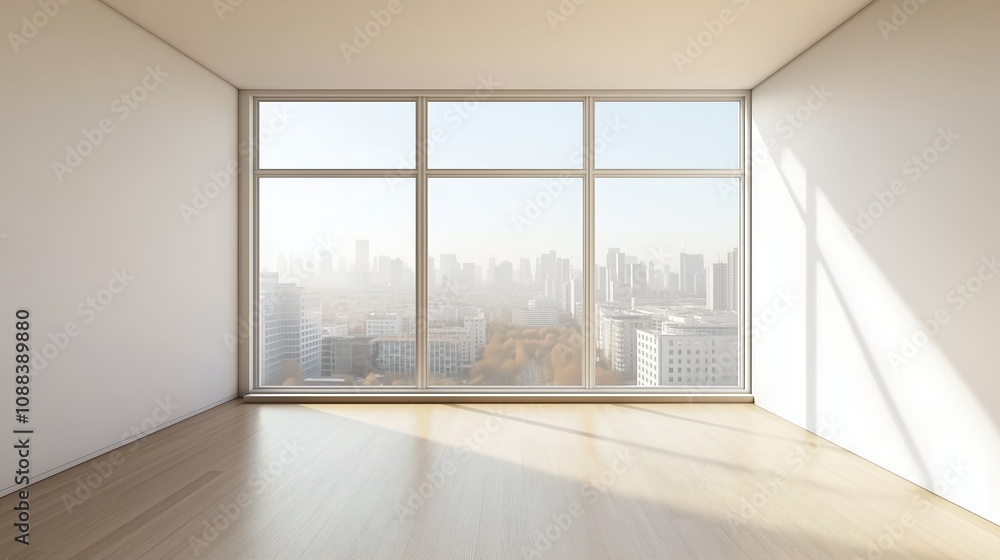 Obraz premium Interior view of an empty room in a skyscraper, showcasing the cityscape during the day. The skyline view from a high-rise window offers a gorgeous property with a stunning view.