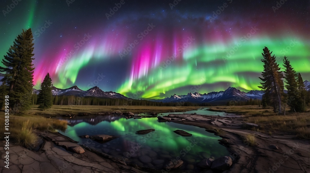 Semiabstract aurora borealis with vibrant shades of green, blue, and purple. Semiabstract aurora borealis with vibrant shades of green, blue, and purple.