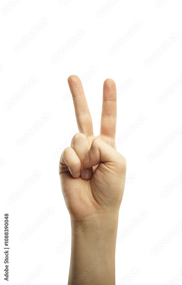 Human hand making a peace sign with two fingers raised in a V-shape. Isolated on a white background. Close-up of a hand gesture representing peace or victory Human hand making a peace sign with two fingers raised in a V-shape. Isolated on a white background. Close-up of a hand gesture representing peace or victory
