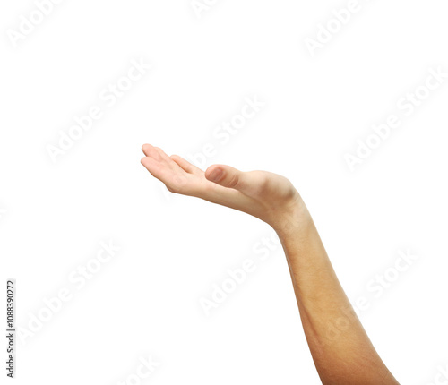 Outstretched hand with palm facing upward, isolated on a clean white background. Minimalistic design, perfect for product placement or layout template concepts photo