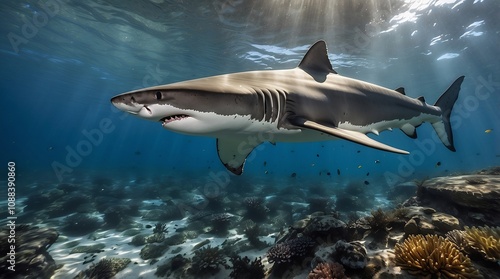 Shark gracefully patrolling the reef, its sleek body illuminated by sunlight. photo