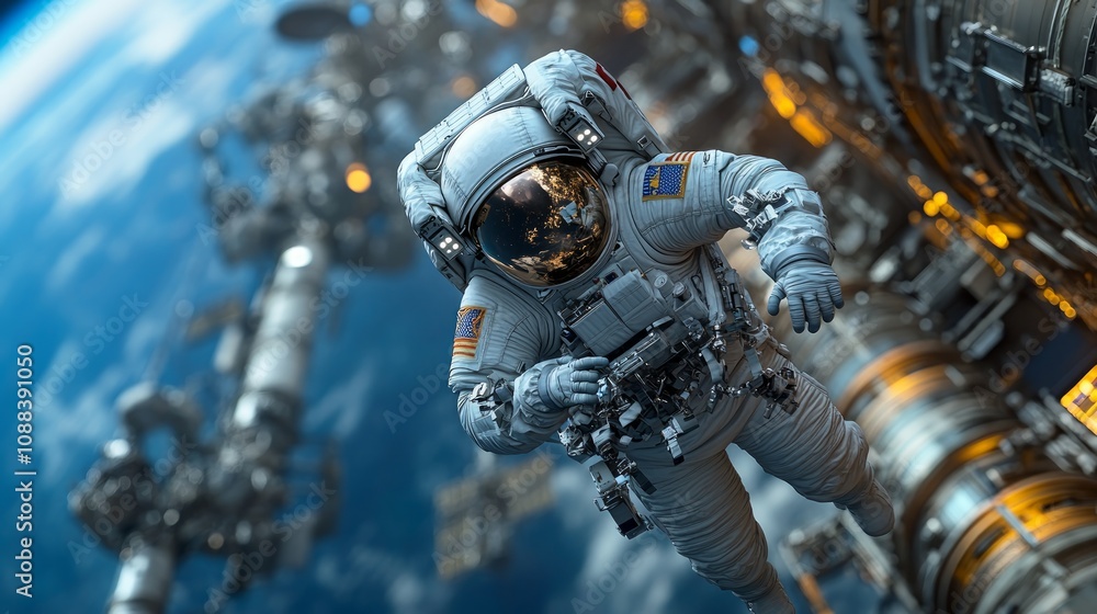 An astronaut floats in space, working on a space station, with Earth in the background. An astronaut floats in space, working on a space station, with Earth in the background.
