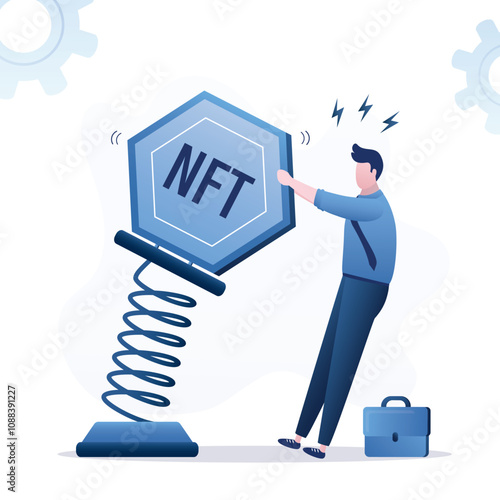 Businessman trader holding metal spring with unstable nft token. Non-fungible token volatility, investment and speculation risk, price fluctuation, uncertainty,