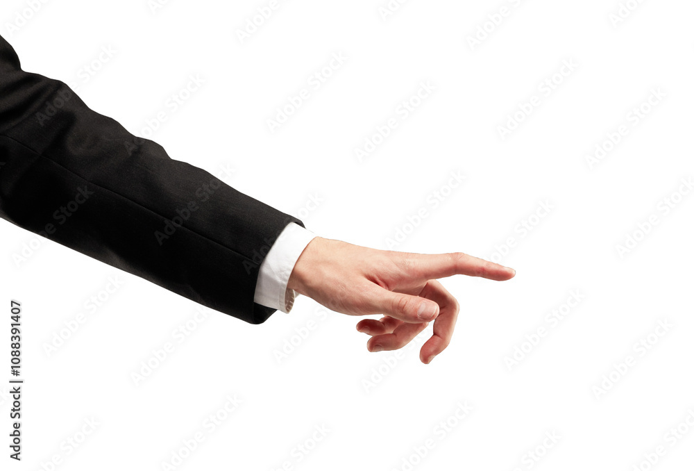 Closeup of a hand in a business suit pointing on a white background. Isolated, minimalistic style. Concept of direction, gesture, or interaction Closeup of a hand in a business suit pointing on a white background. Isolated, minimalistic style. Concept of direction, gesture, or interaction
