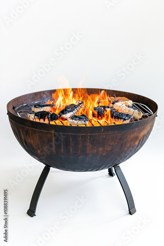 Round grill with fire on white background photo