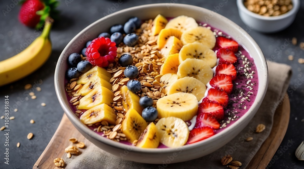 Smoothie bowl with a vibrant blend of acai, banana, and granola toppings. Smoothie bowl with a vibrant blend of acai, banana, and granola toppings.