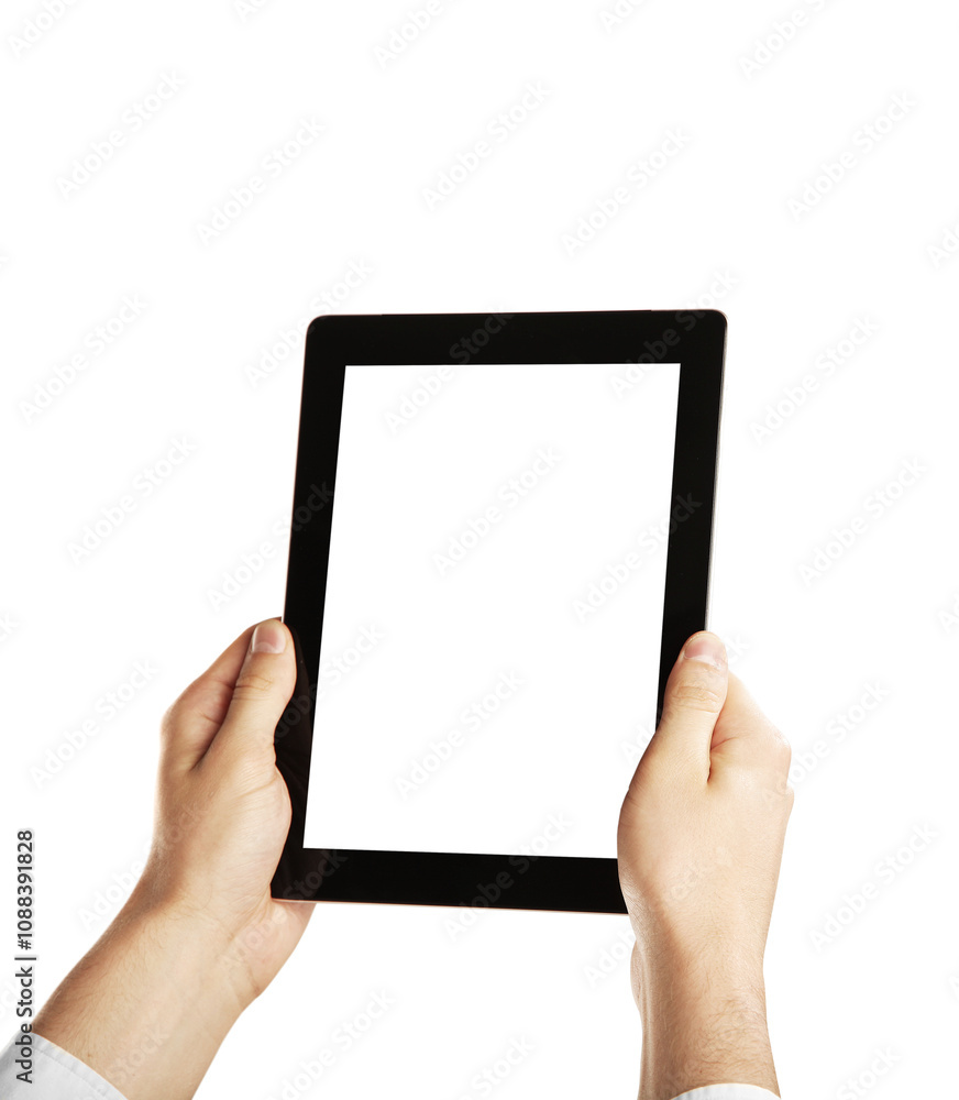 Hands holding a tablet with a blank white screen. The device is isolated on a clean white background. Concept for a digital device template or mockup Hands holding a tablet with a blank white screen. The device is isolated on a clean white background. Concept for a digital device template or mockup