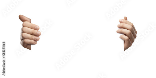 Two human hands holding the edges of a blank white surface, isolated on a clean white background. Concept for presentation, design, or advertising mockup