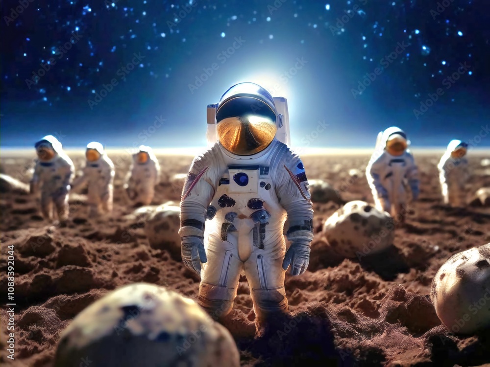 Obraz premium Space, Earth, Mars, Moon, Farming, Plants, Water, Spaceship, Space Base, Astronaut, Advanced Science, Science and Technology, Sun, Solar Power, Eco-Friendly, Oxygen, Astronaut, Soil, Basic Science, 