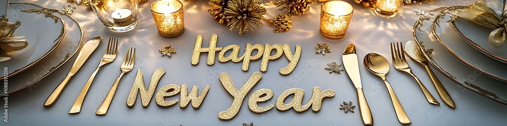 An elegantly set New Year's dinner table with golden cutlery decorative candles and An elegantly set New Year's dinner table with golden cutlery decorative candles and
