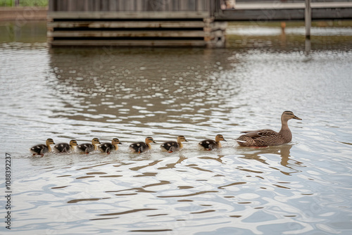 Ducklings following their mother along a farm pond photo