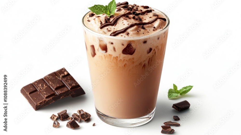 A cup of iced mocha latte with chocolate sauce on a white background A cup of iced mocha latte with chocolate sauce on a white background