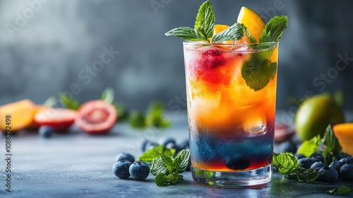 Colorful cocktail in tall glass with fruit garnish on white background photo