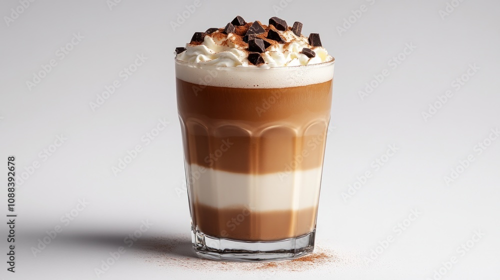 Hot cocoa in ceramic glass with milk foam white background Hot cocoa in ceramic glass with milk foam white background