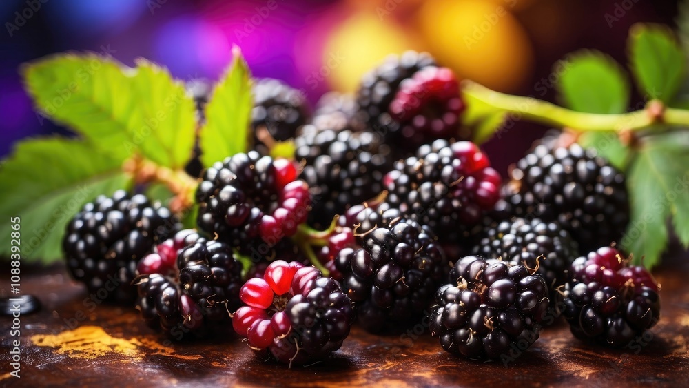 Fresh, ripe blackberries on the vine are shown in close-up against a vivid bokeh background, emphasizing their rich, organic Fresh, ripe blackberries on the vine are shown in close-up against a vivid bokeh background, emphasizing their rich, organic