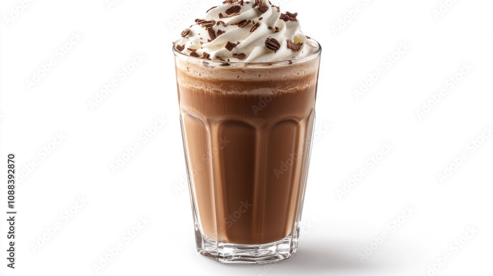 Iced mocha in a clear glass with whipped cream on top white background Iced mocha in a clear glass with whipped cream on top white background