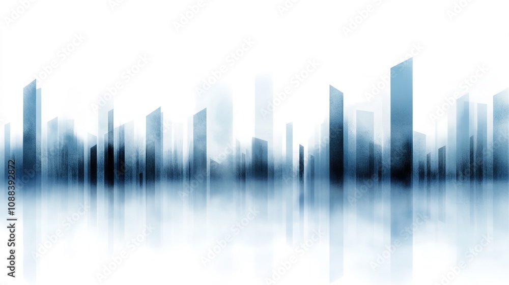 Abstract Urban Landscape with Tall Structures in Fog, Modern Architecture Elements in a Serene Blue Color Palette, Minimalistic Cityscape for Artistic Background Use