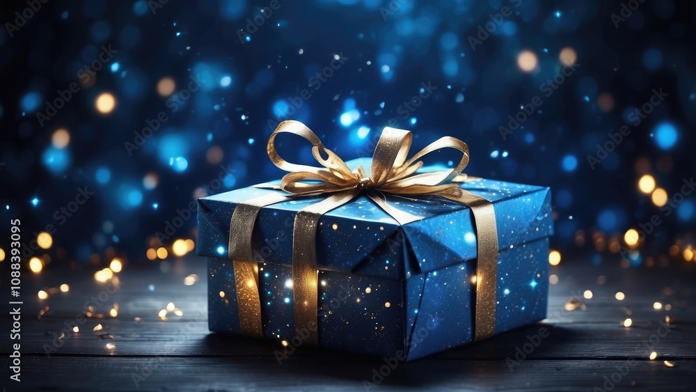In a mystical, dark environment, a gorgeously wrapped abstract blue present box sparkles with lights, inspiring awe and joy In a mystical, dark environment, a gorgeously wrapped abstract blue present box sparkles with lights, inspiring awe and joy