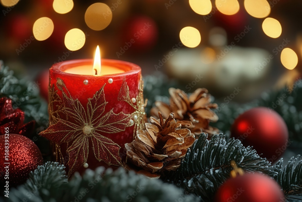 Christmas candle surrounded by pinecones and ornaments. Christmas candle surrounded by pinecones and ornaments.