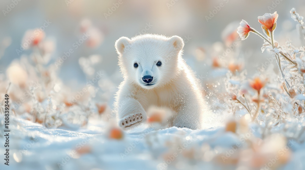 Adorable Polar Bear Cub in a Snowy Meadow. Adorable Polar Bear Cub in a Snowy Meadow.