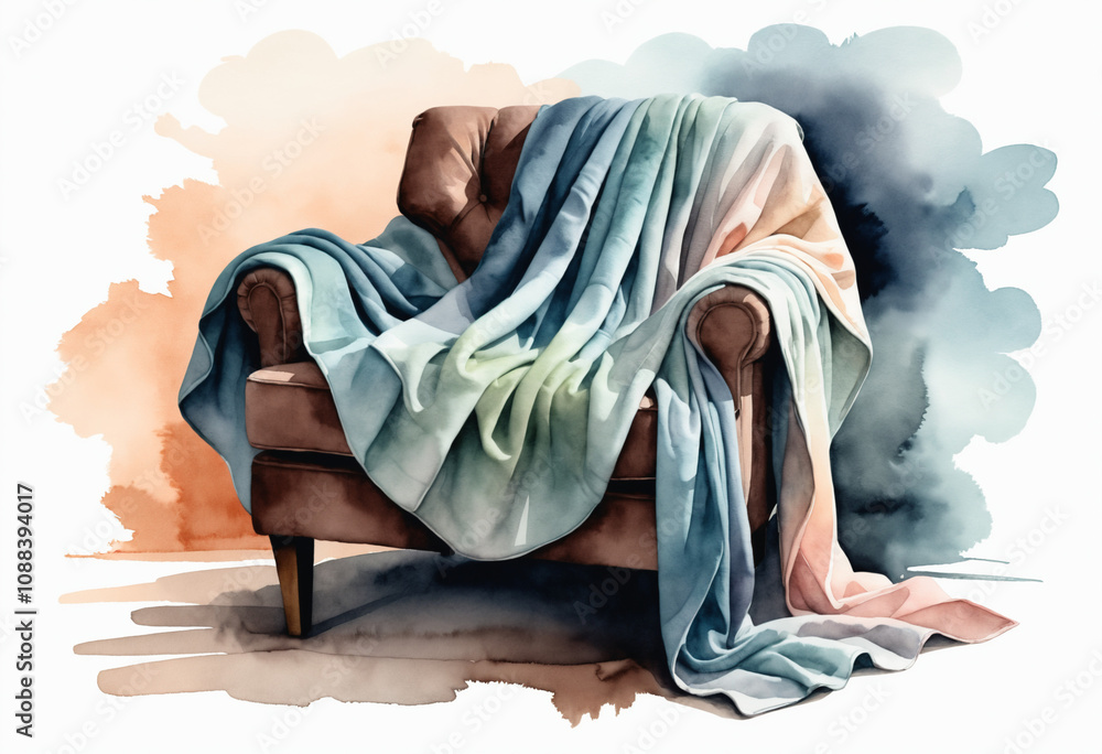 Cozy armchair draped with watercolor blanket Cozy armchair draped with watercolor blanket