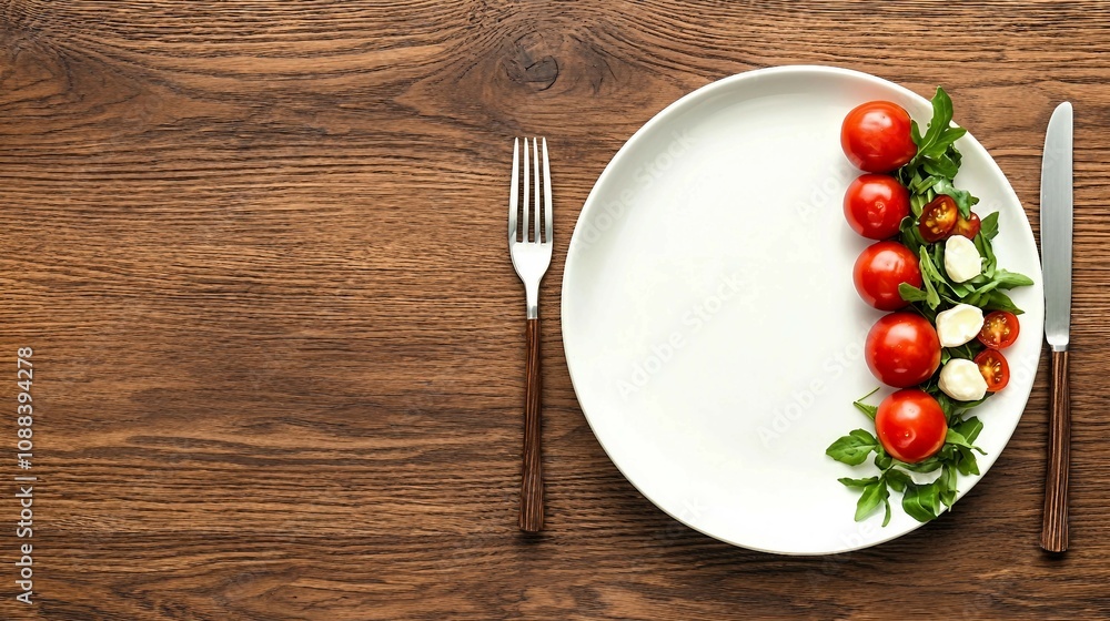 Fresh Cherry Tomatoes and Basil on a White Plate with Fork and Knife on Wooden Table, Perfect for Healthy Eating or Culinary Presentation Ideas Fresh Cherry Tomatoes and Basil on a White Plate with Fork and Knife on Wooden Table, Perfect for Healthy Eating or Culinary Presentation Ideas