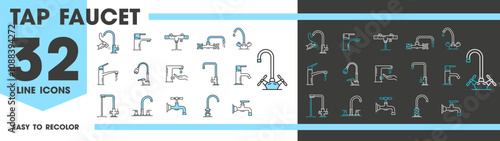 Tap kitchen and bathroom faucet line icons. Vector linear symbols set of modern plumbing fixtures, outline sink spigots, mixers with running water and valves, stylish cranes, bath equipment design