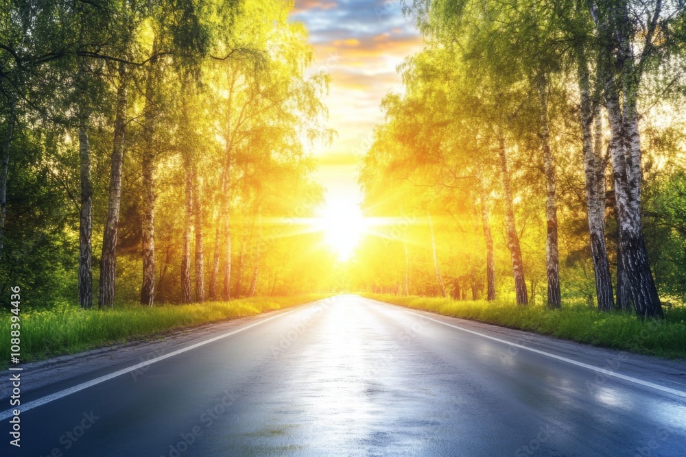 Obraz premium Sunset scene with black asphalt road and white dividing lines illuminated by the fading light.