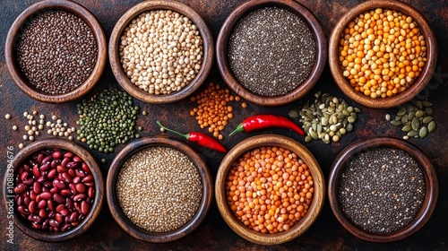 Assortment of various superfoods in bowls.