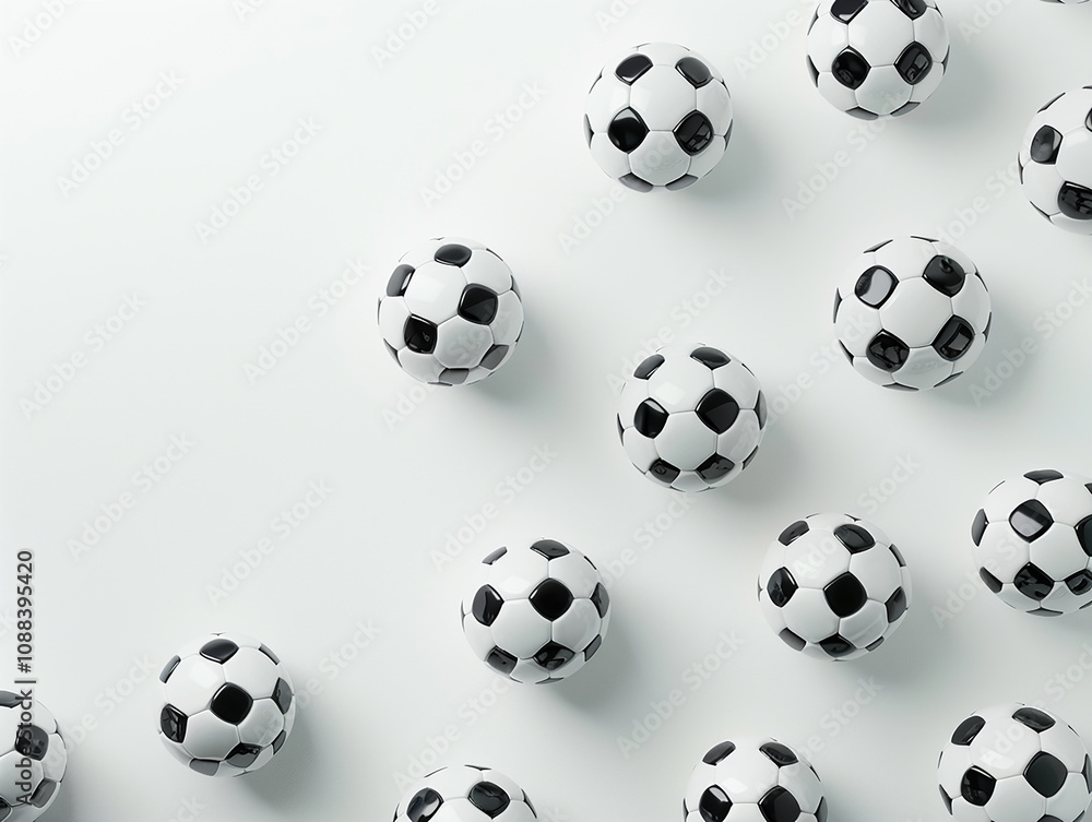 A Collection of Miniature Soccer Balls Arranged on a Clean White Surface for Sports-Themed Backgrounds and Creative Projects A Collection of Miniature Soccer Balls Arranged on a Clean White Surface for Sports-Themed Backgrounds and Creative Projects
