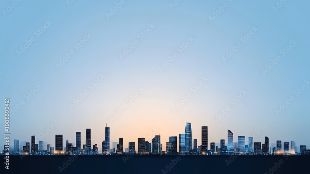 Fototapeta premium Stunning panoramic view of a modern city skyline during twilight with a serene blue sky and subtle warm lights illuminating the buildings, showcasing urban architecture.