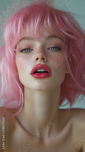 Close-up portrait of a young model with striking pink hair and bold makeup, showcasing modern fashion and beauty trends.