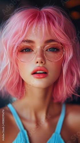 Striking portrait of a woman with pink hair, stylish glasses, and bright blue eyes exuding modern confidence.