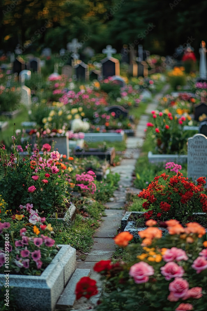Rows of graves with flowers in a serene cemetery setting Rows of graves with flowers in a serene cemetery setting