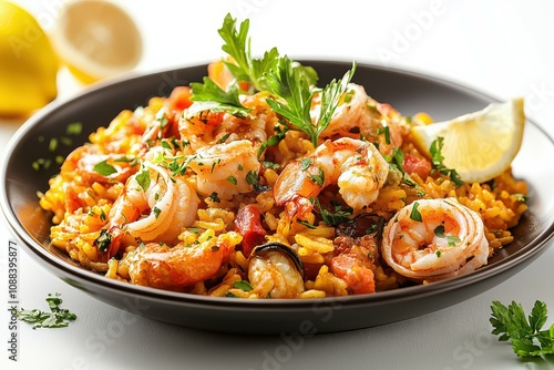 Spanish Paella with Seafood and Lemon.