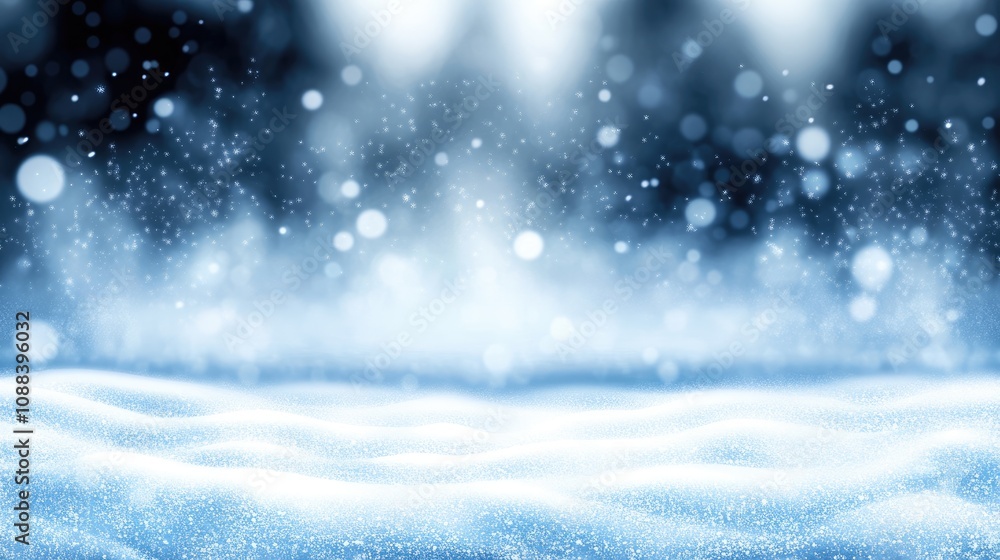 Fototapeta premium Soft snow blankets the ground under a cascade of shimmering lights, creating a serene and magical atmosphere perfect for holiday-themed projects and seasonal promotions