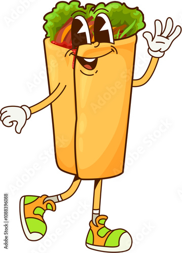 Cartoon fast food shawarma groovy character. Takeaway cafe snack, junk menu meal or street restaurant shawarma cute groovy isolated vector character. Fast food cafe snack funny cartoon personage