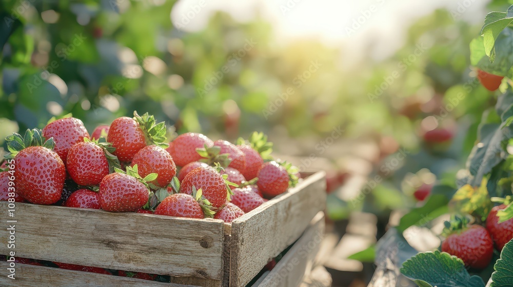 Freshly picked strawberries in a wooden crate. Freshly picked strawberries in a wooden crate.