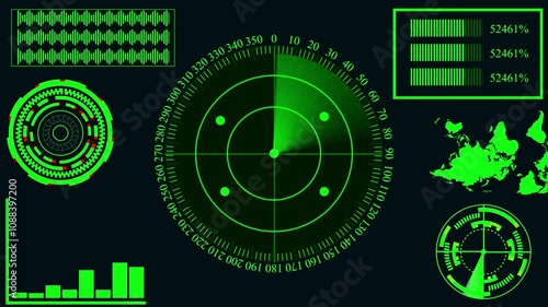 Radar HUD Screen Animation 4K. Motion graphic of colorful sonar radar screen searching an object with line digital technology background, Futuristic animation concept seamless loop video